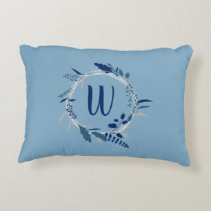 Modern Blue Floral met aangepast monogram Accent Kussen