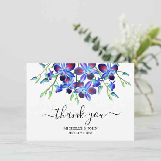 Modern Blue Floral Orchids Waterverf Name Wedding Bedankkaart (Staand voorkant)