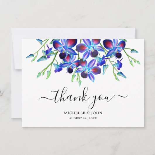 Modern Blue Floral Orchids Waterverf Name Wedding Bedankkaart (Voorkant)