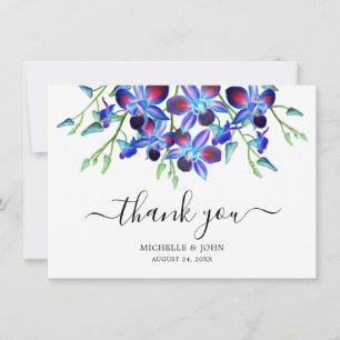 Modern Blue Floral Orchids Waterverf Name Wedding Bedankkaart