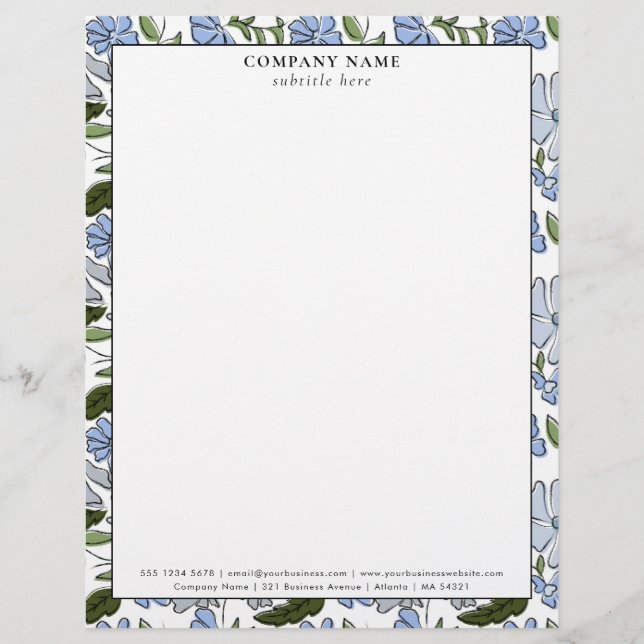 Modern Blue Floral Pattern Company Name Details Briefhoofd (Voorkant)