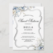 Modern Blue Floral Silver Sweet Sixteen Kaart (Voorkant)