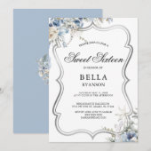 Modern Blue Floral Silver Sweet Sixteen Kaart (Voorkant / Achterkant)