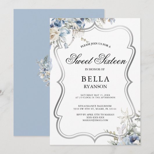 Modern Blue Floral Silver Sweet Sixteen Kaart (Voorkant / Achterkant)