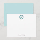 Modern Blue Floral Waterverf Krans Monogram Kaart (Voorkant / Achterkant)