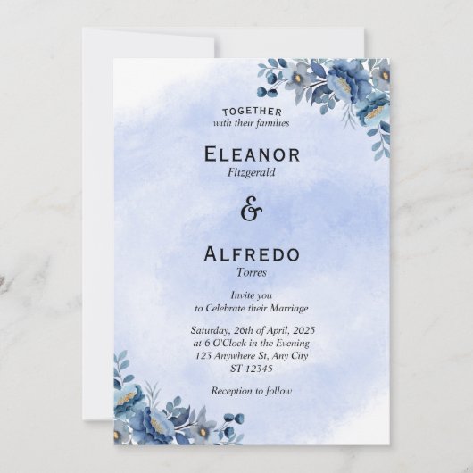 Modern Blue Floral Wedding Invitation Kaart (Voorkant)