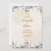 Modern Blue Floral Wedding Invitation Kaart (Voorkant)