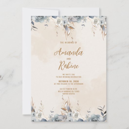 Modern Blue Floral Wedding Invitation Kaart (Voorkant)