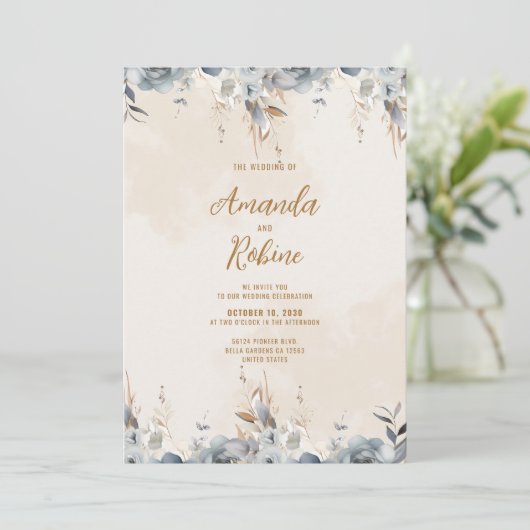 Modern Blue Floral Wedding Invitation Kaart (Staand voorkant)