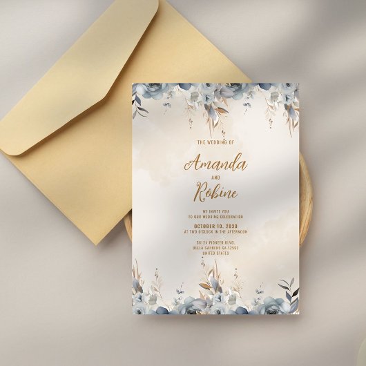 Modern Blue Floral Wedding Invitation Kaart