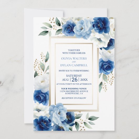 Modern Blue Floral Wedding Kaart (Voorkant)