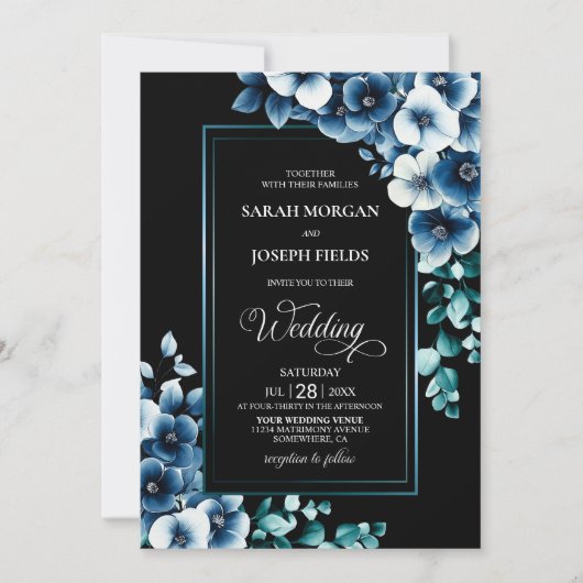 Modern Blue Floral Wedding Kaart (Voorkant)