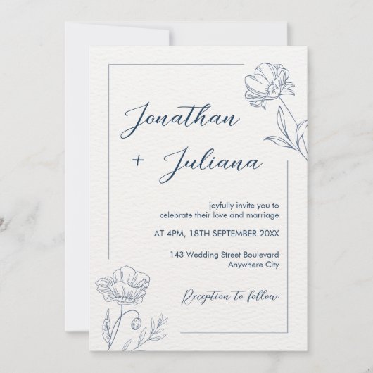 Modern Blue Floral Wedding Kaart (Voorkant)