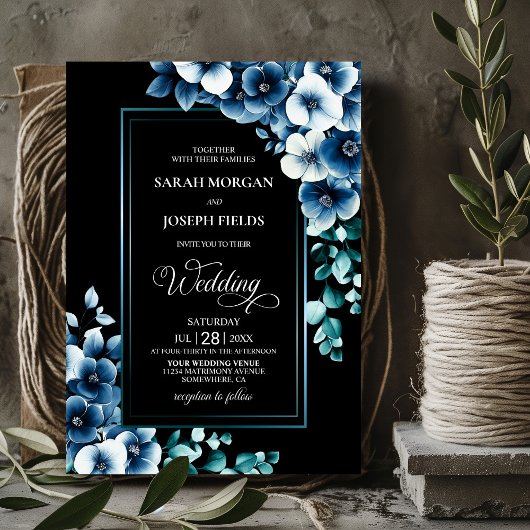 Modern Blue Floral Wedding Kaart