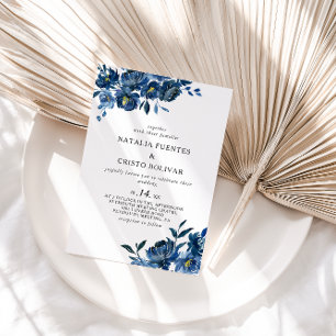 Modern Blue Floral Wedding Kaart