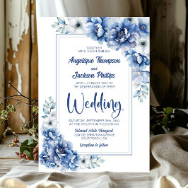 Modern Blue Floral Wedding Kaart
