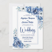 Modern Blue Floral Wedding Kaart (Voorkant)
