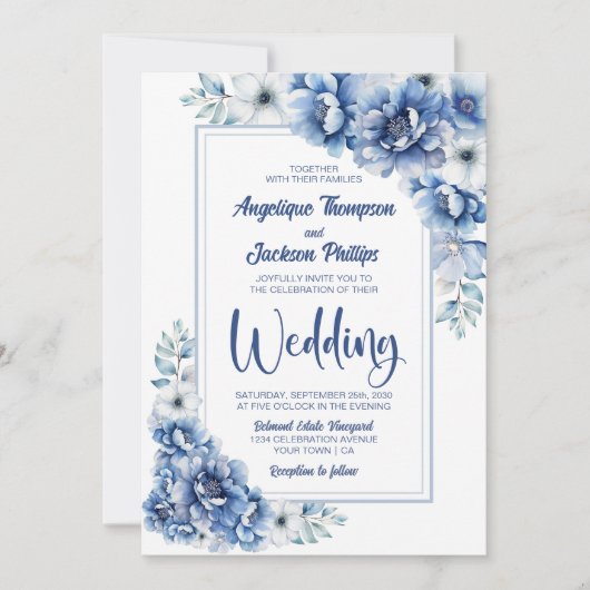 Modern Blue Floral Wedding Kaart (Voorkant)