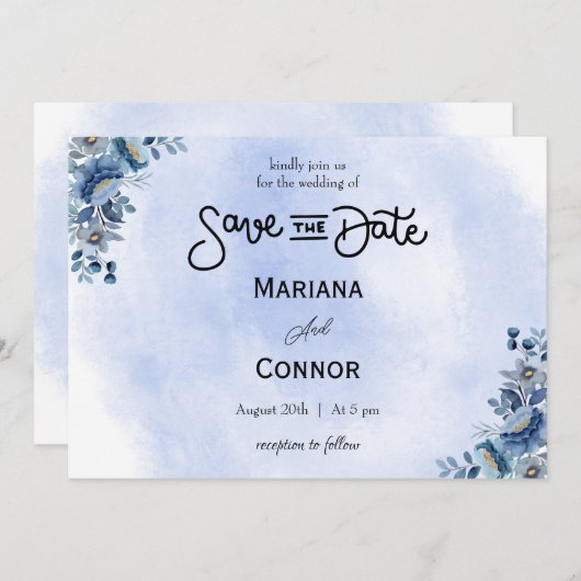 Modern Blue Floral Wedding Save the Date Kaart (Voorkant / Achterkant)