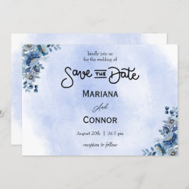 Modern Blue Floral Wedding Save the Date Kaart