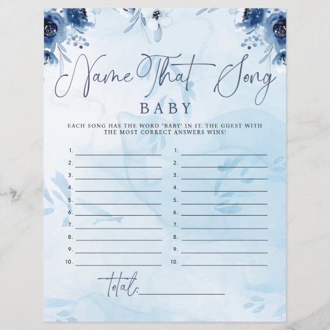 Modern Blue Flower Naam dat Song Baby shower spel (Voorkant)