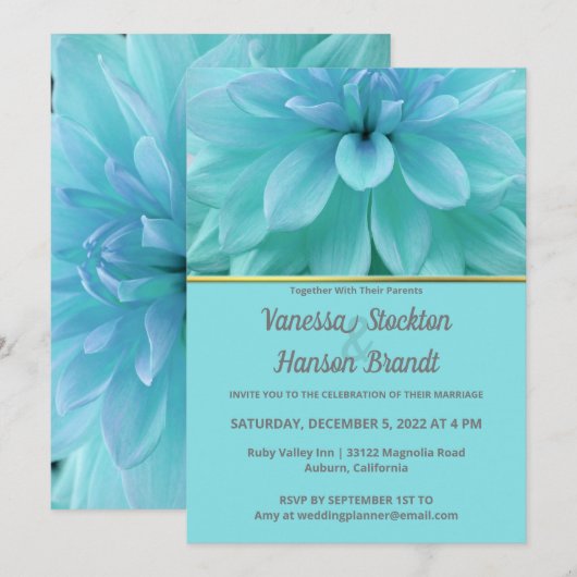 Modern Blue Flower Wedding Uitnodiging (Voorkant / Achterkant)