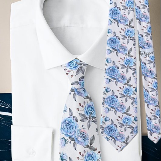 Modern Blue Flowers Elegante Rozen Waterverf Stropdas