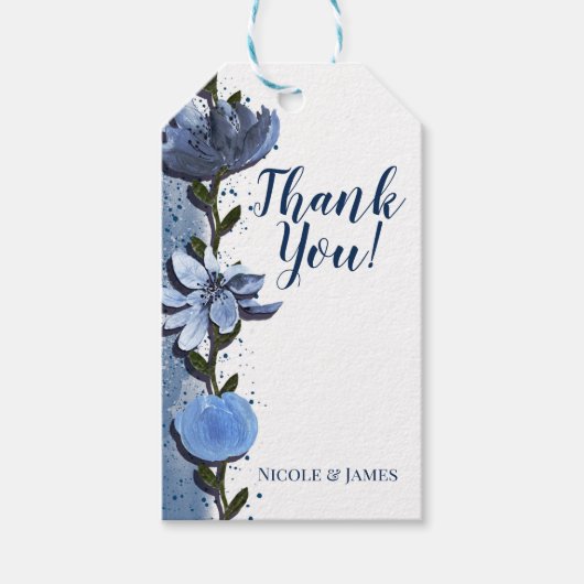 Modern Blue Flowers Floral Waterverf Wedding Cadeaulabel (Voorkant)
