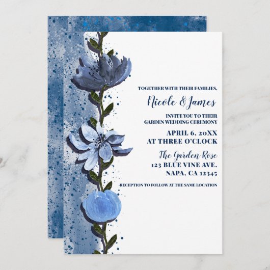 Modern Blue Flowers Floral Waterverf Wedding Kaart (Voorkant / Achterkant)
