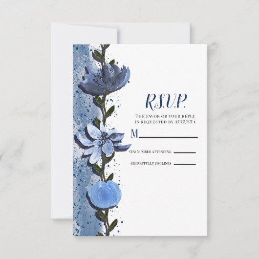 Modern Blue Flowers Floral Waterverf Wedding RSVP (Voorkant)