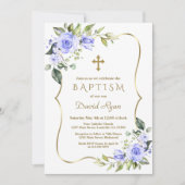 Modern Blue Flowers Gold Cross Lijst Boy Baptisme Kaart (Voorkant)
