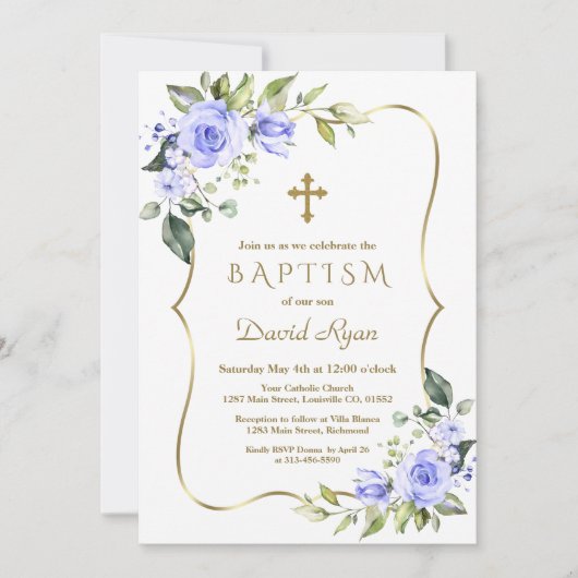 Modern Blue Flowers Gold Cross Lijst Boy Baptisme Kaart (Voorkant)