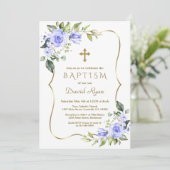 Modern Blue Flowers Gold Cross Lijst Boy Baptisme Kaart (Staand voorkant)