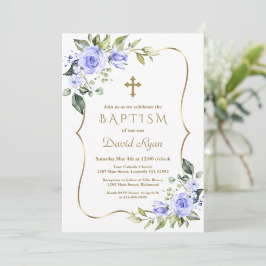 Modern Blue Flowers Gold Cross Lijst Boy Baptisme Kaart (Staand voorkant)