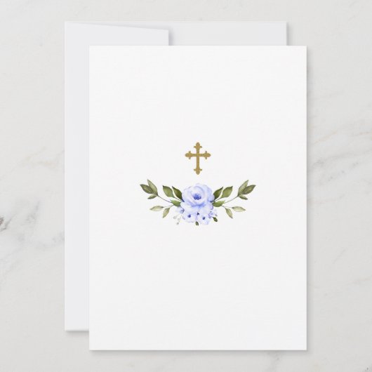 Modern Blue Flowers Gold Cross Lijst Boy Baptisme Kaart (Achterkant)