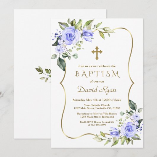 Modern Blue Flowers Gold Cross Lijst Boy Baptisme Kaart (Voorkant / Achterkant)