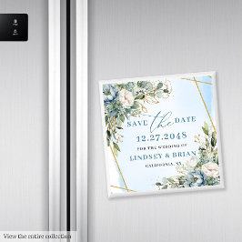 Modern Blue Flowers Gold Glitter Save The Date Magneet