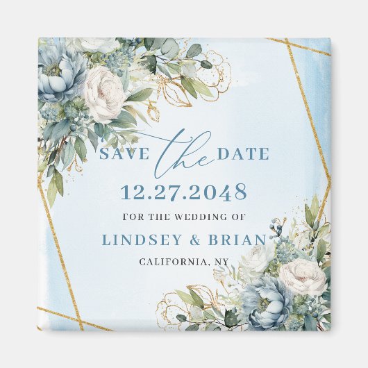 Modern Blue Flowers Gold Glitter Save The Date Magneet (Voorkant)