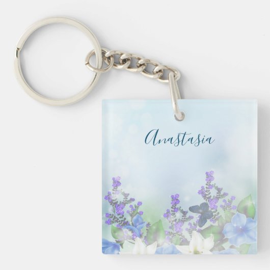 Modern Blue Flowers Sleutelhanger (voorkant)