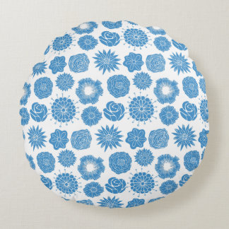 Modern Blue Flowers Stylish Motif Round Pillow Rond Kussen