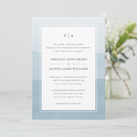 Modern Blue Formal Wedding Kaart (Staand voorkant)