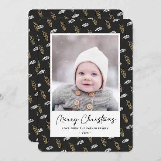 Modern Blue Fun Script Gold Pine Cone Kerstmis Feestdagenkaart (Voorkant / Achterkant)