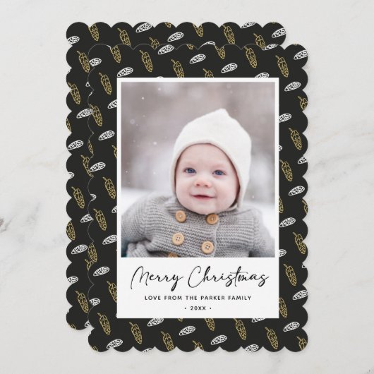 Modern Blue Fun Script Gold Pine Cone Kerstmis Feestdagenkaart (Voorkant / Achterkant)