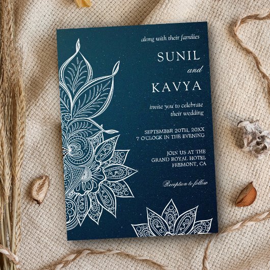 Modern Blue Galaxy Henna Indian Wedding Invitation Kaart