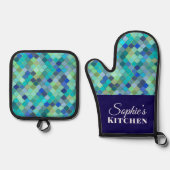 Modern Blue Geometric Personalized Ovenwant & Pannenlap Set (Voorkant)