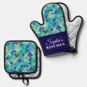 Modern Blue Geometric Personalized Ovenwant & Pannenlap Set (Voorkant / Achterkant)