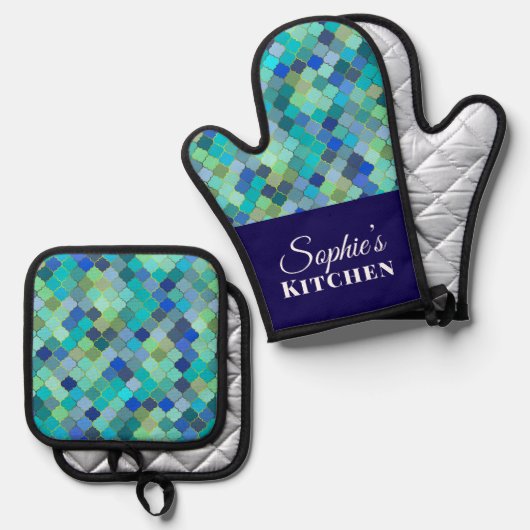 Modern Blue Geometric Personalized Ovenwant & Pannenlap Set (Voorkant / Achterkant)