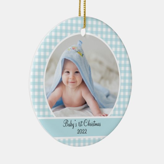 Modern Blue Gingham Baby Photo Ceramic Ornament (Rechts)
