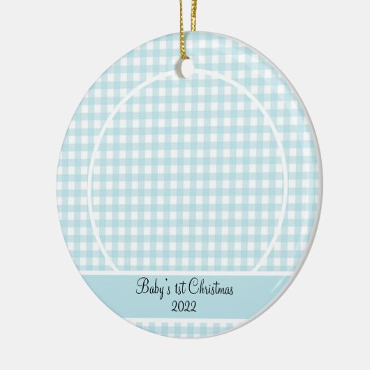 Modern Blue Gingham Baby Photo Ceramic Ornament (Links)