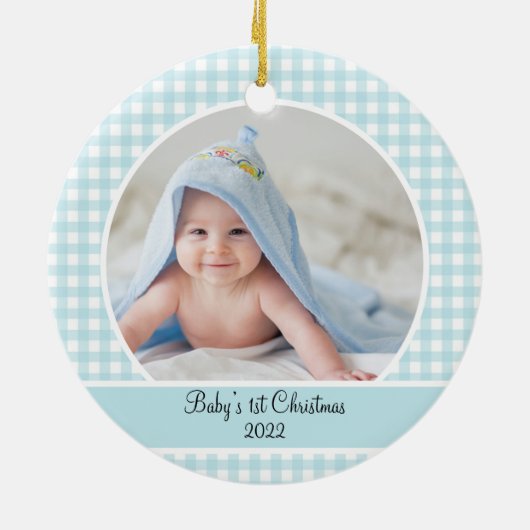 Modern Blue Gingham Baby Photo Ceramic Ornament (Achterkant)